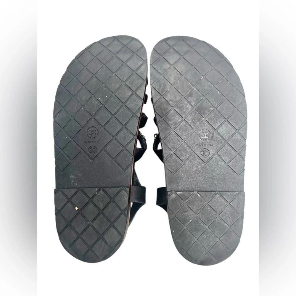 Chanel Satin Lambskin Chain Flat Sandals Black Leather Size 36